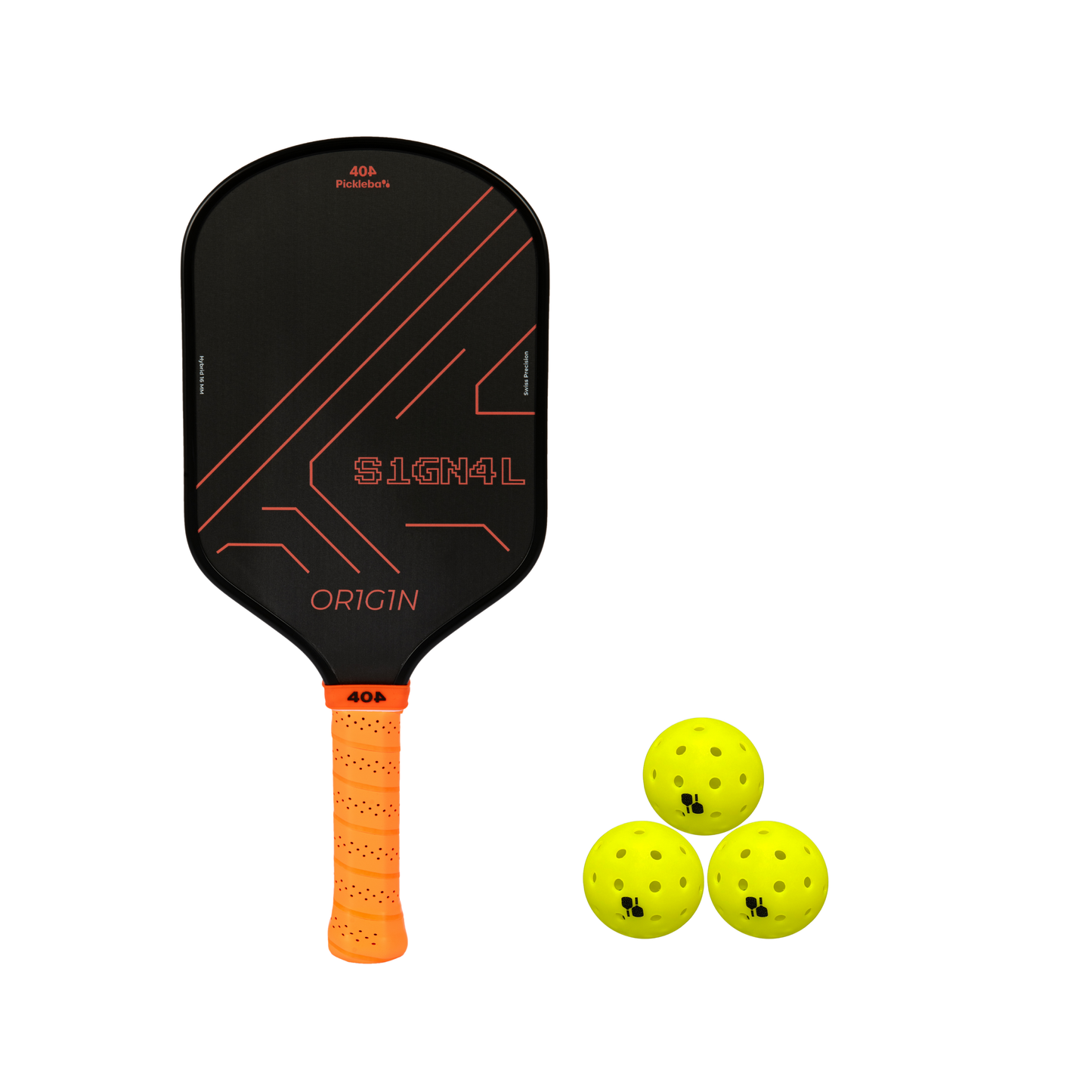 Black and orange pickleball paddle with three yellow pickleballs