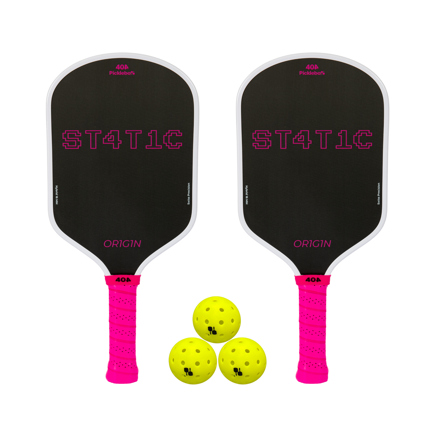 Two pickleball paddles with pink handles and 'ST4T1C' branding, accompanied by three yellow pickleballs