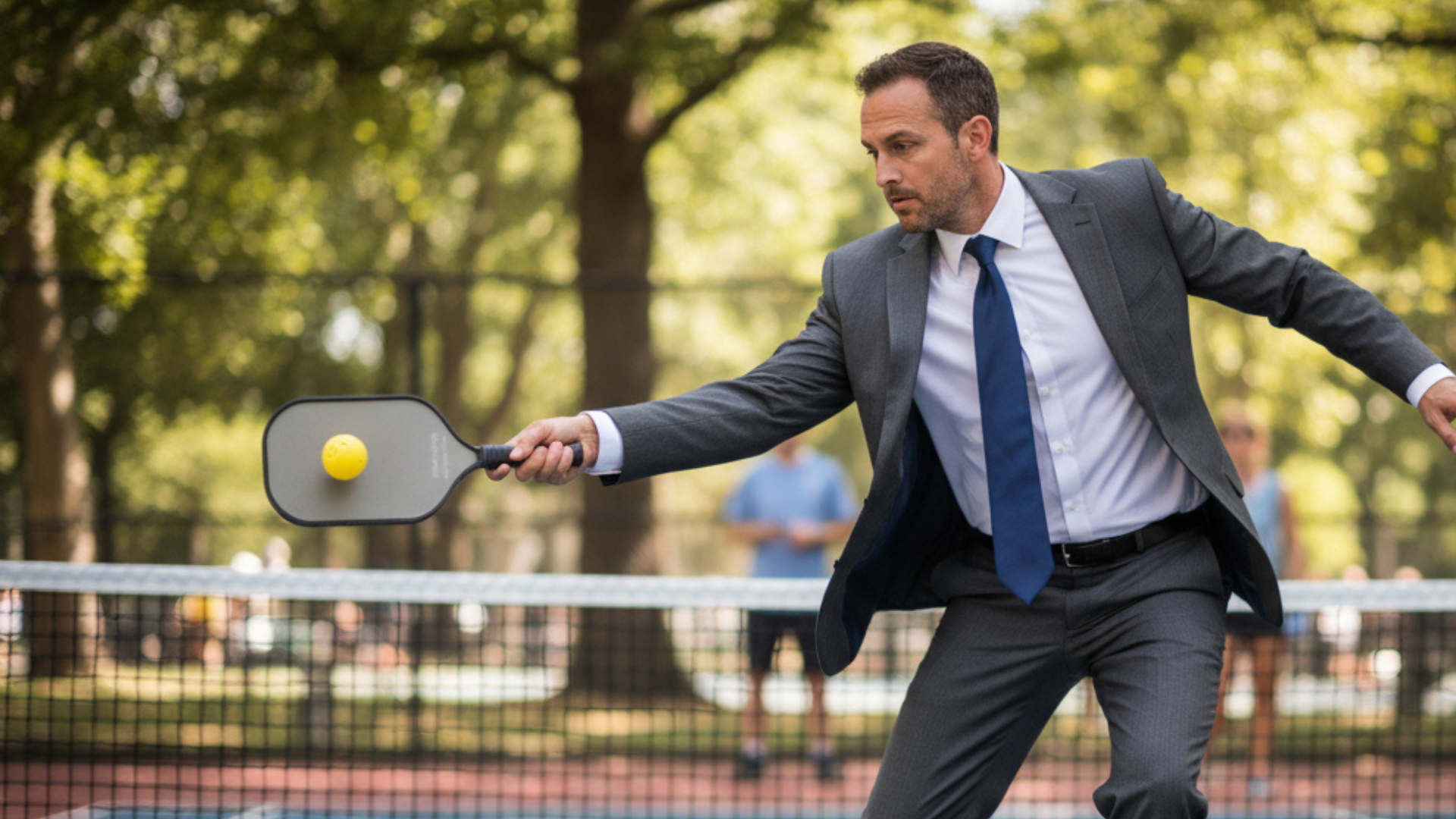 Man in a suit playing pickleball on a court with trees in the background