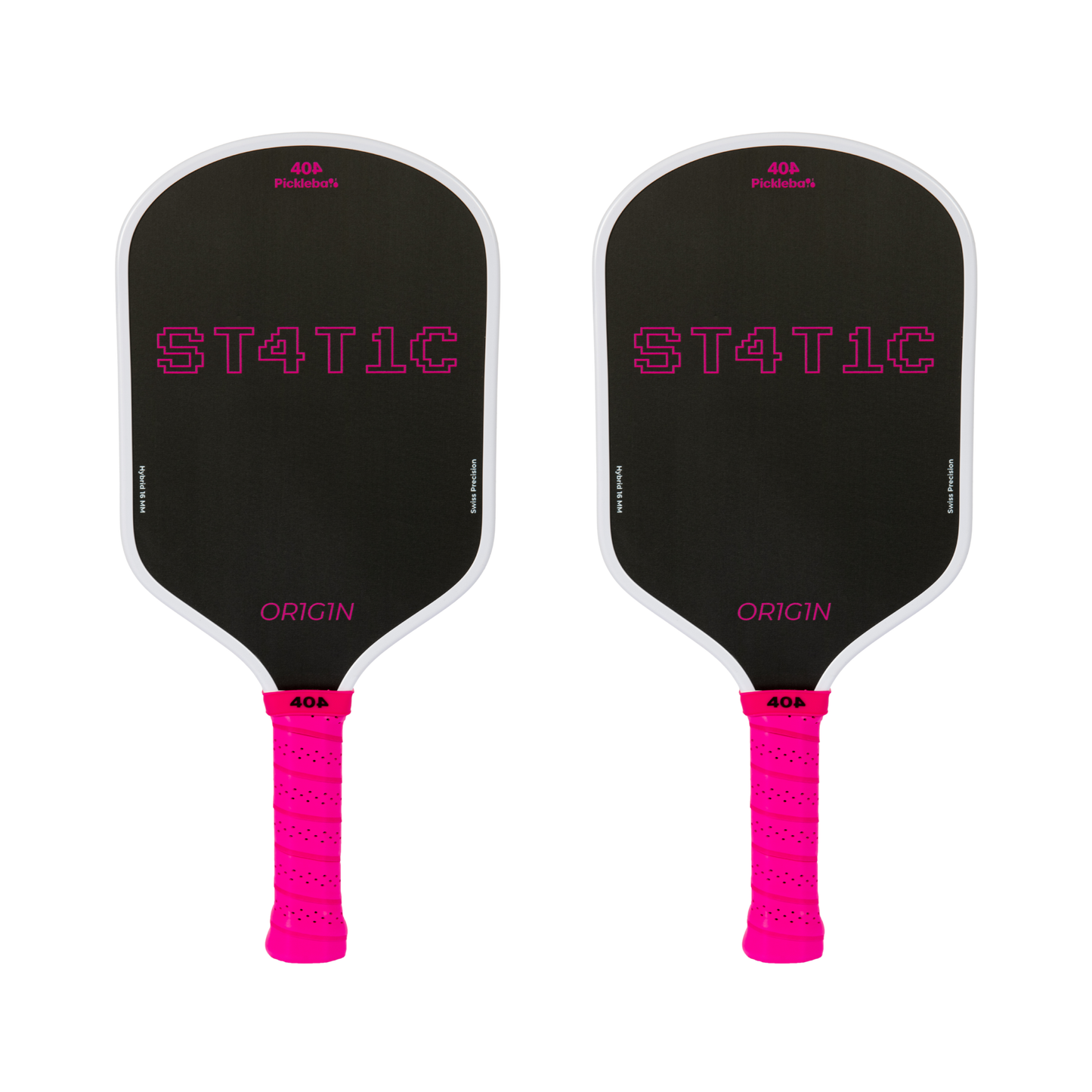 Two black pickleball paddles with pink handles and text