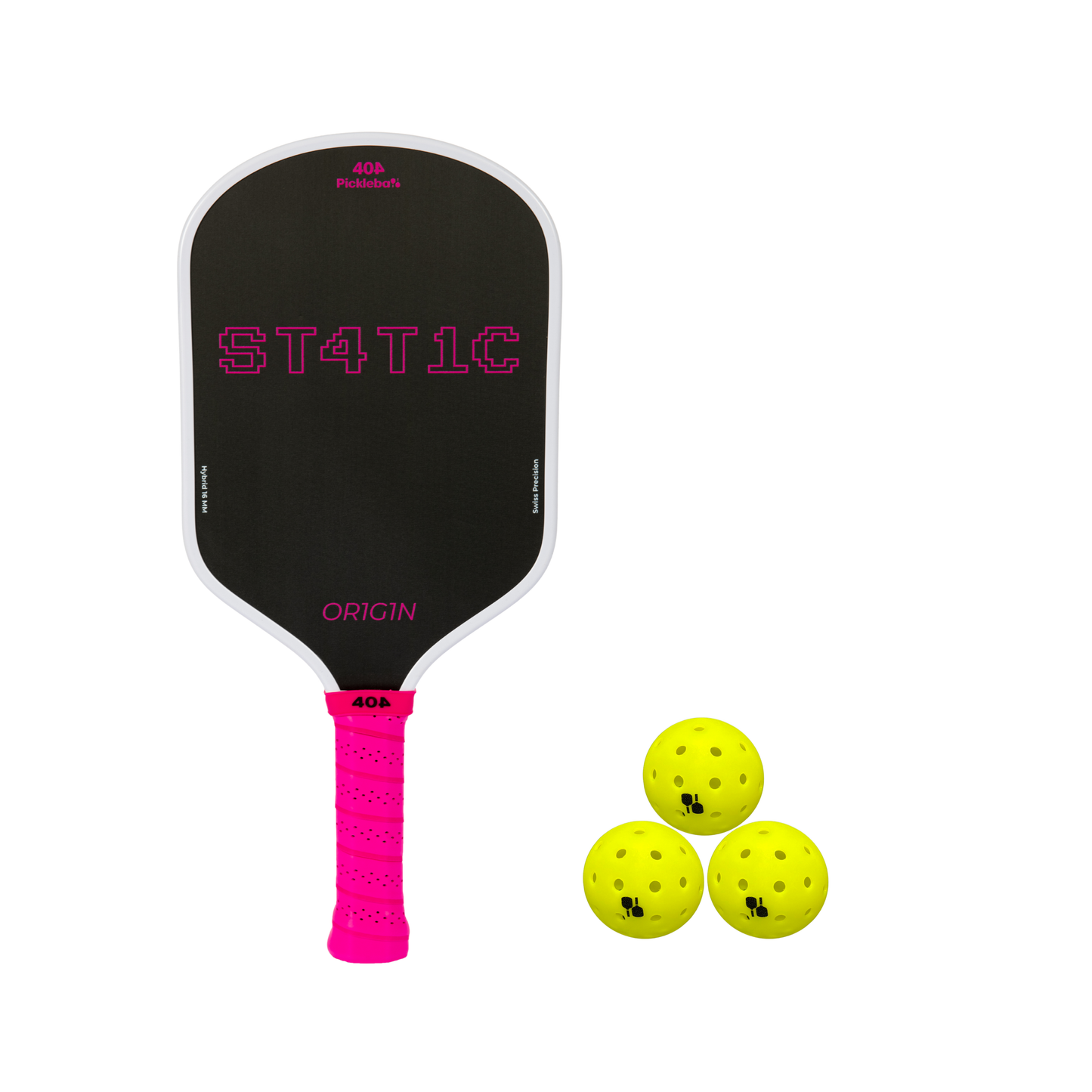Black and pink pickleball paddle with three yellow pickleballs