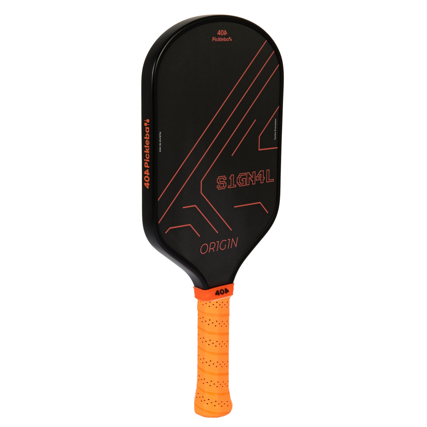 Black and orange pickleball paddle with 'Signal Origin' branding 
