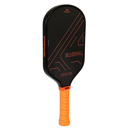 Black and orange pickleball paddle with 'Signal Origin' branding 