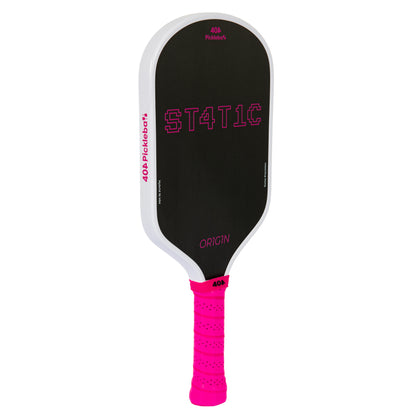 Pickleball paddle with black surface, pink text, and pink handle 