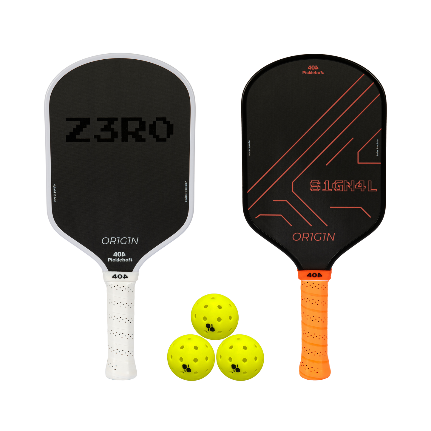 Two pickleball paddles with 'Z3RO' and 'SIGN4L' branding, accompanied by three yellow pickleballs
