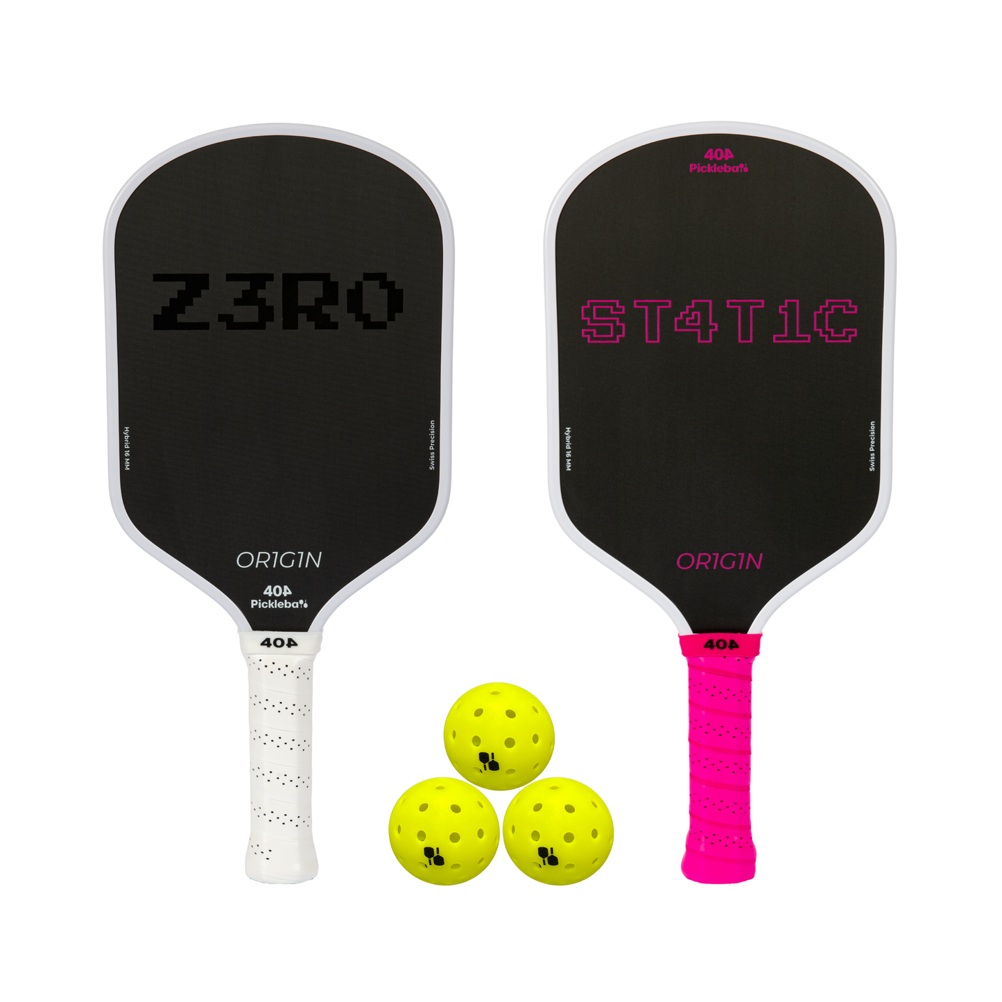 Two pickleball paddles with 'Z3RO' and 'ST4T1C' branding, accompanied by three yellow pickleballs