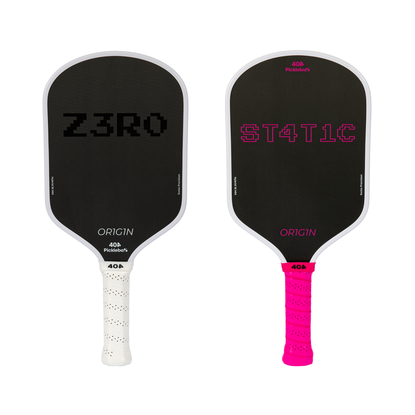 Two pickleball paddles with 'Z3RO' and 'ST4T1C' branding