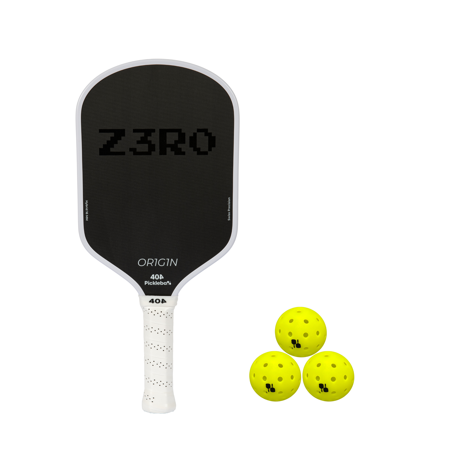 Pickleball paddle with 'Z3RO' branding and three yellow balls