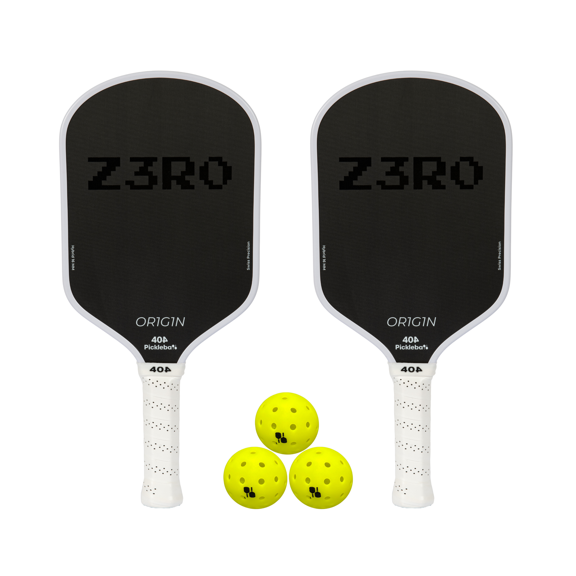 Two pickleball paddles with 'Z3RO' branding and three yellow pickleballs